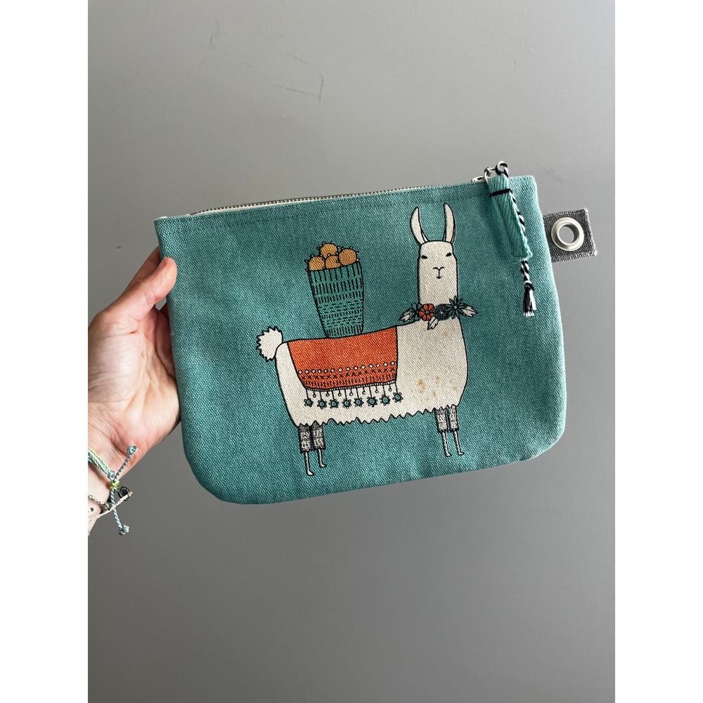 Teal Llama Canvas Cosmetic Pouch Zipper Bag Travel Alpaca Boho Chic Artisan Cute
